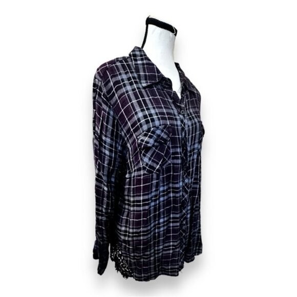 Women’s torrid 1 Purple Plaid Lace Inset Camp Button Down Shirt 14 16 1X 1XL - Picture 7 of 15